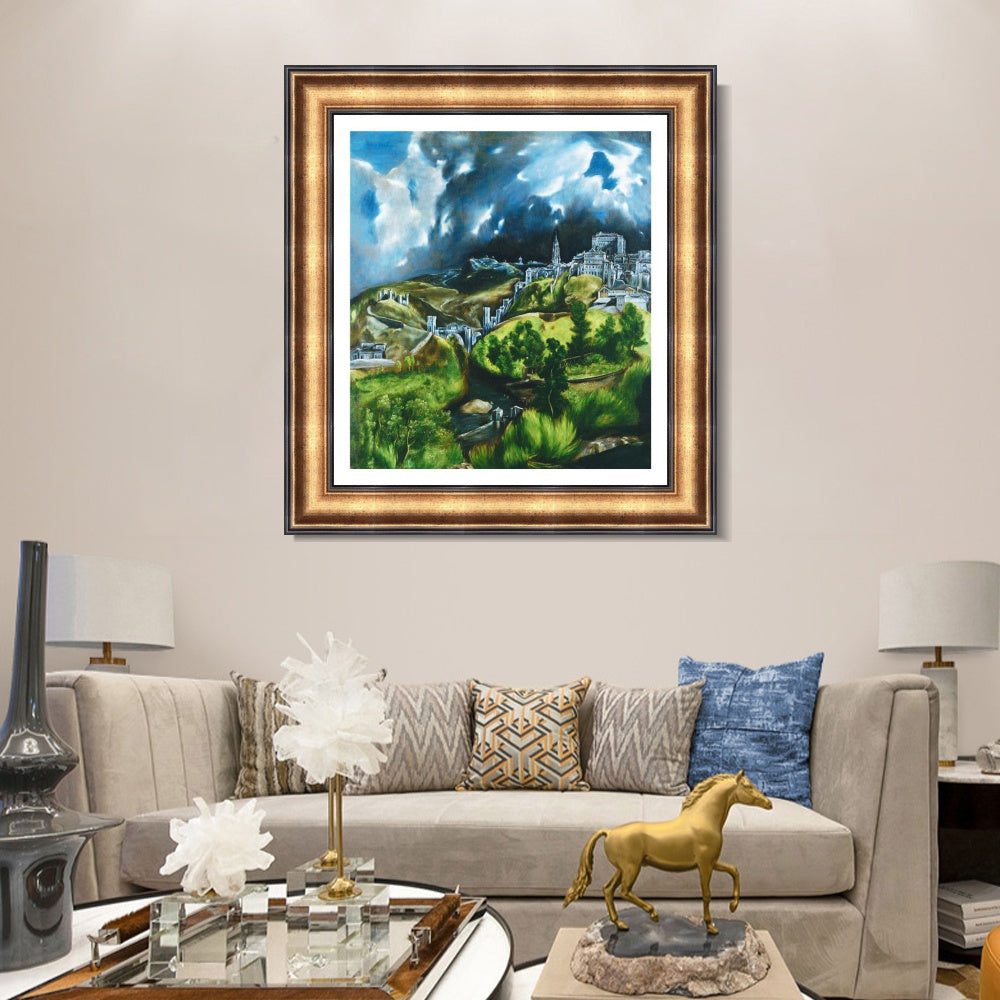 INVIN ART Framed Canvas Art Giclee Print View of Toledo by El Greco Wall Art