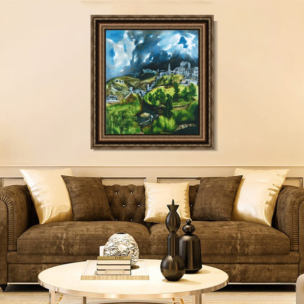 INVIN ART Framed Canvas Art Giclee Print View of Toledo by El Greco Wall Art