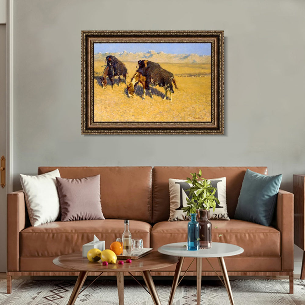 INVIN ART Framed Canvas Art Giclee Print Indians Simulating Buffalo by Frederic Remington Wall Art