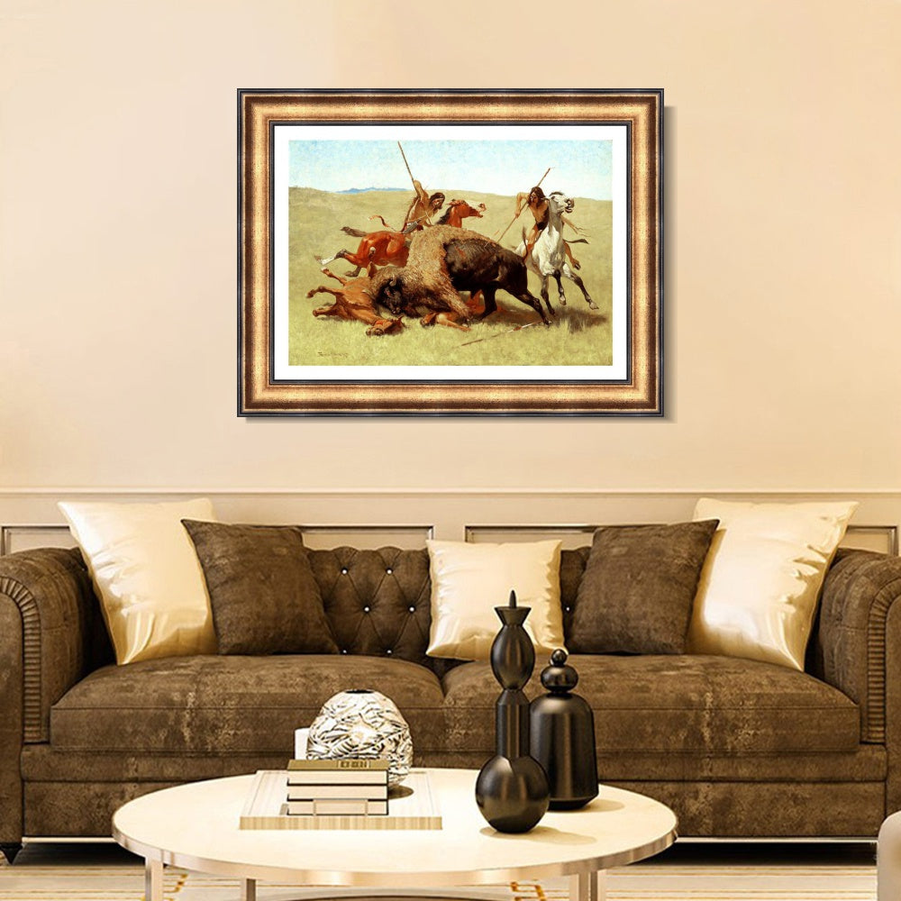 INVIN ART Framed Canvas Art Giclee Print The Buffalo Hunt by Frederic Remington Wall Art