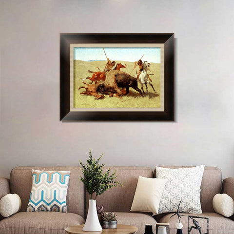 INVIN ART Framed Canvas Art Giclee Print The Buffalo Hunt by Frederic Remington Wall Art Living Room Home Office Decorations