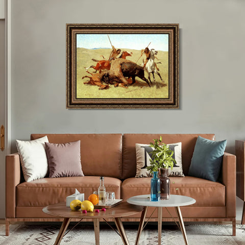 INVIN ART Framed Canvas Art Giclee Print The Buffalo Hunt by Frederic Remington Wall Art Living Room Home Office Decorations