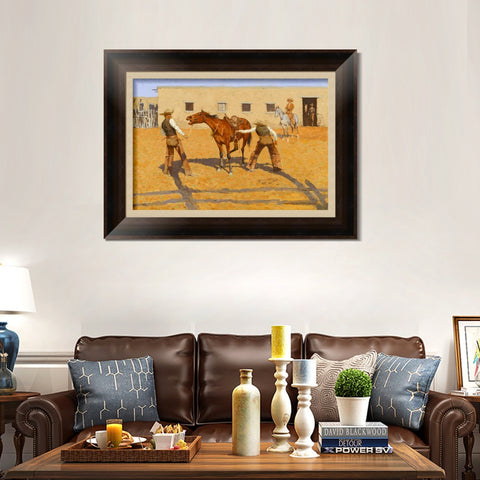 INVIN ART Framed Canvas Art Giclee Print His First Leson, 1903 by Frederic Remington Wall Art Living Room Home Office Decorations