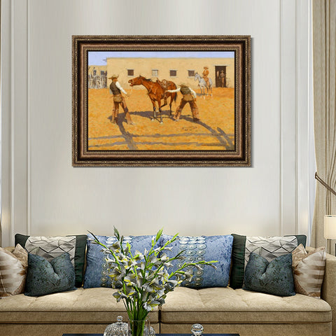 INVIN ART Framed Canvas Art Giclee Print His First Leson, 1903 by Frederic Remington Wall Art Living Room Home Office Decorations