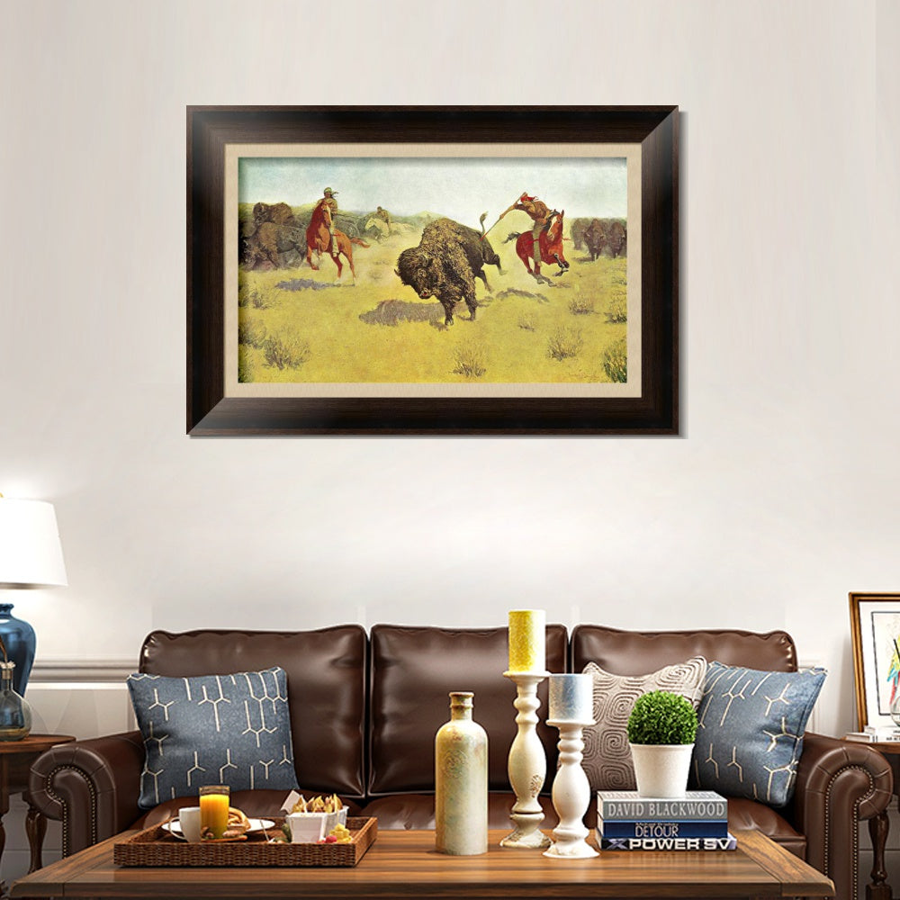 INVIN ART Framed Canvas Art Giclee Print Buffalo Runners by Frederic Remington Wall Art