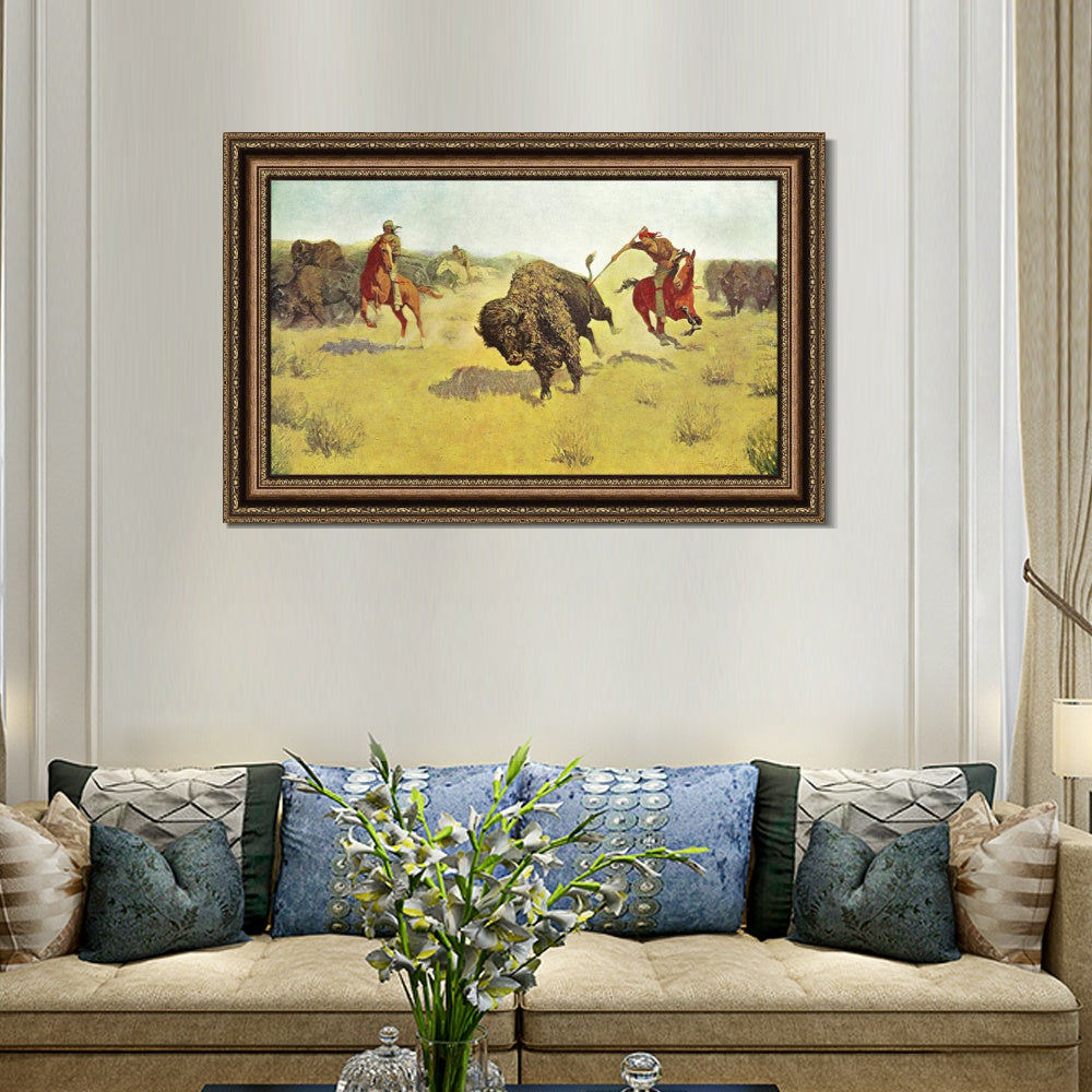 INVIN ART Framed Canvas Art Giclee Print Buffalo Runners by Frederic Remington Wall Art