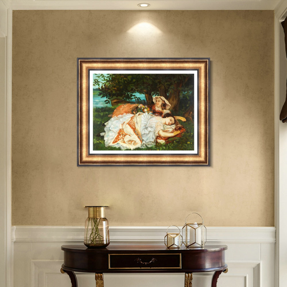 INVIN ART Framed Canvas Art Giclee Print Fanciulle sulla riva della Senna (1857) by Gustave Courbet Wall Art