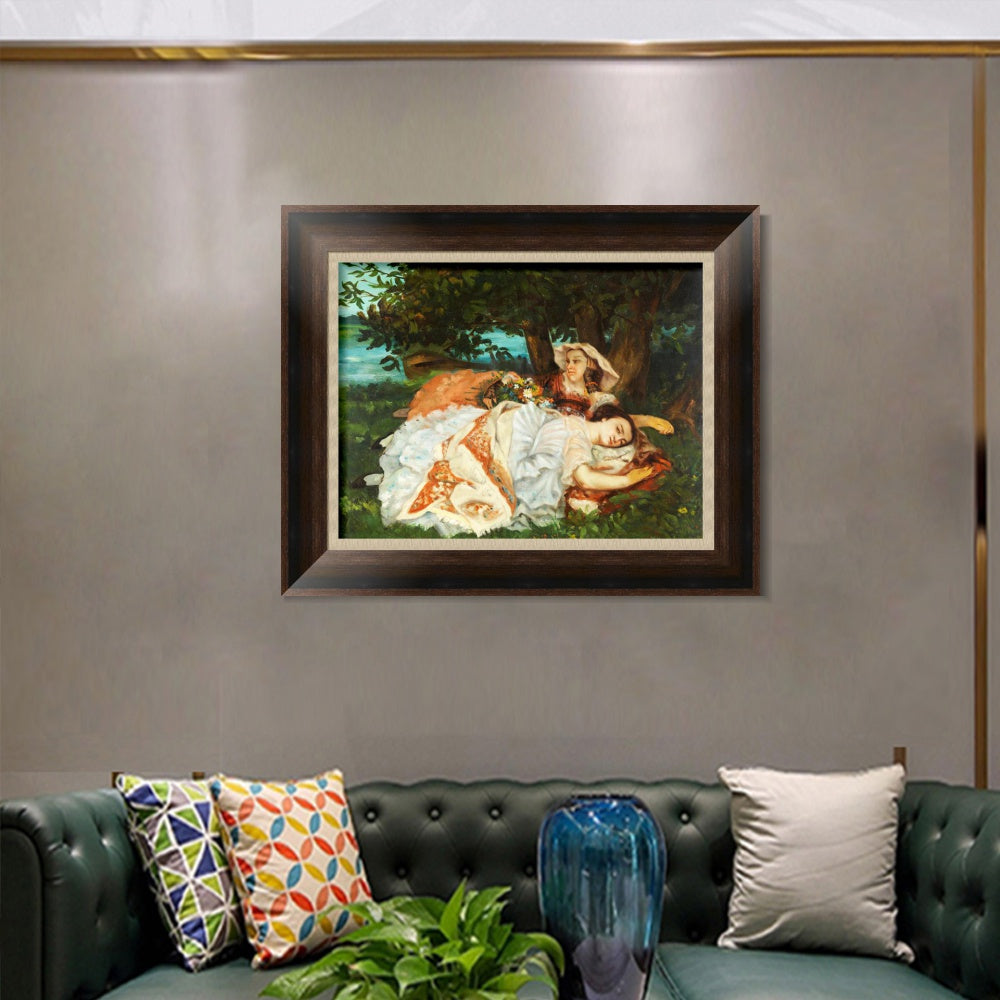 INVIN ART Framed Canvas Art Giclee Print Fanciulle sulla riva della Senna (1857) by Gustave Courbet Wall Art