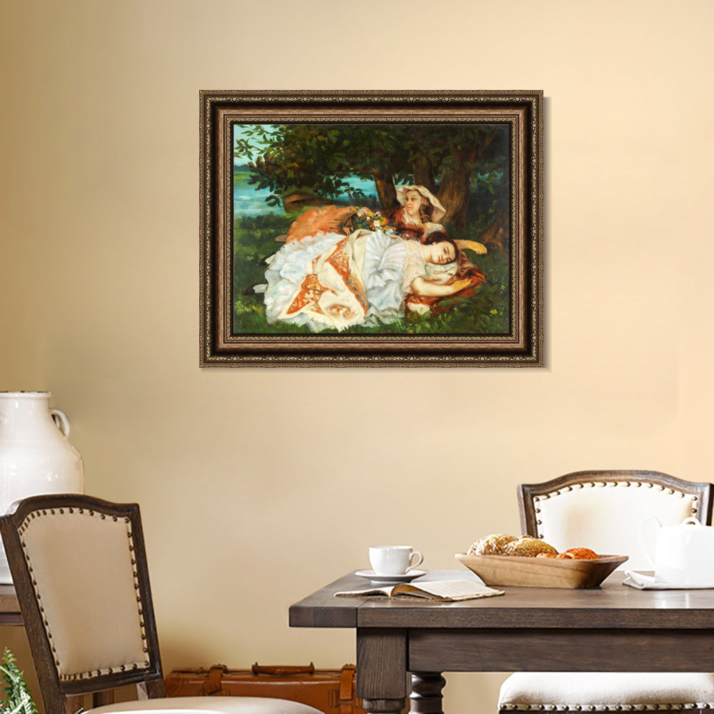 INVIN ART Framed Canvas Art Giclee Print Fanciulle sulla riva della Senna (1857) by Gustave Courbet Wall Art