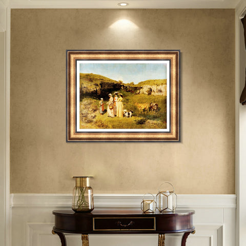 INVIN ART Framed Canvas Art Giclee Fanciulle del villaggio (1851) by Gustave Courbet Wall Art Living Room Home Office Decorations
