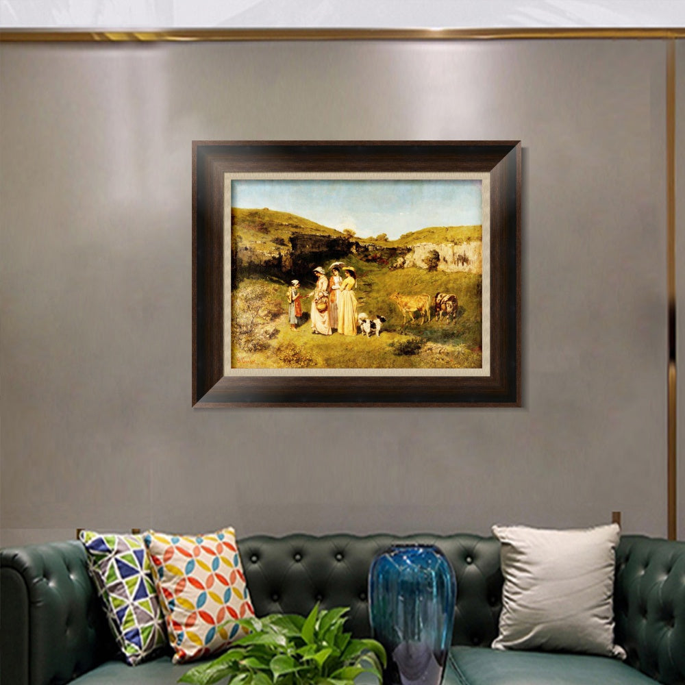 INVIN ART Framed Canvas Art Giclee Fanciulle del villaggio (1851) by Gustave Courbet Wall Art
