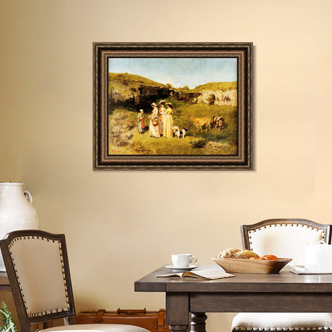 INVIN ART Framed Canvas Art Giclee Fanciulle del villaggio (1851) by Gustave Courbet Wall Art Living Room Home Office Decorations