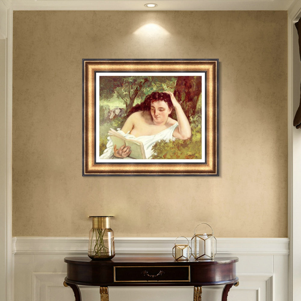 INVIN ART Framed Canvas Art Giclee Print A Young Woman Reading, c. 1866-1868 by Gustave Courbet Wall Art