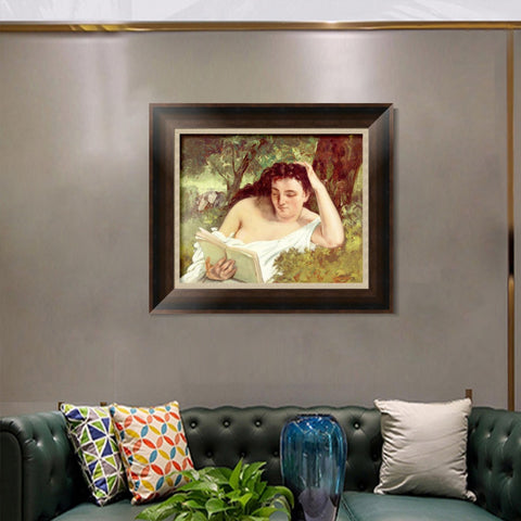 INVIN ART Framed Canvas Art Giclee Print A Young Woman Reading, c. 1866-1868 by Gustave Courbet Wall Art Living Room Home Office Decorations