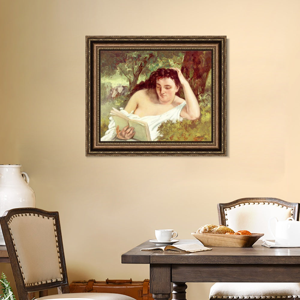 INVIN ART Framed Canvas Art Giclee Print A Young Woman Reading, c. 1866-1868 by Gustave Courbet Wall Art