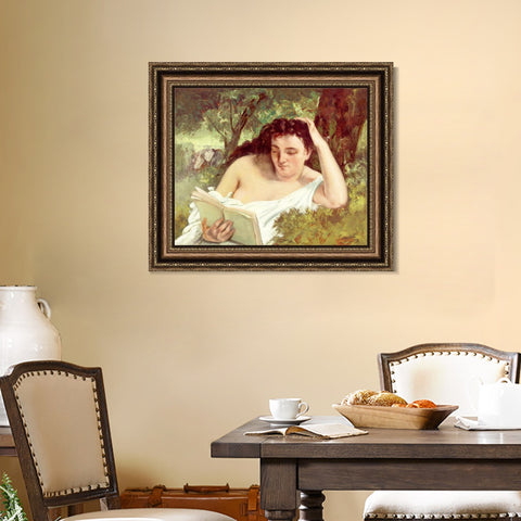 INVIN ART Framed Canvas Art Giclee Print A Young Woman Reading, c. 1866-1868 by Gustave Courbet Wall Art Living Room Home Office Decorations