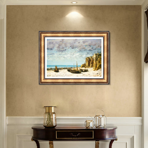 INVIN ART Framed Canvas Art Giclee Print Boats on a beach by Gustave Courbet Wall Art Living Room Home Office Decorations