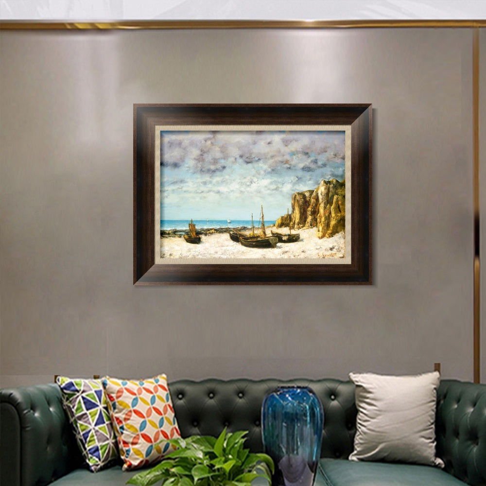 INVIN ART Framed Canvas Art Giclee Print Boats on a beach by Gustave Courbet Wall Art