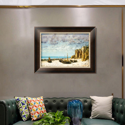 INVIN ART Framed Canvas Art Giclee Print Boats on a beach by Gustave Courbet Wall Art Living Room Home Office Decorations