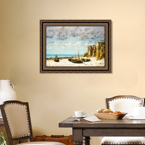 INVIN ART Framed Canvas Art Giclee Print Boats on a beach by Gustave Courbet Wall Art Living Room Home Office Decorations
