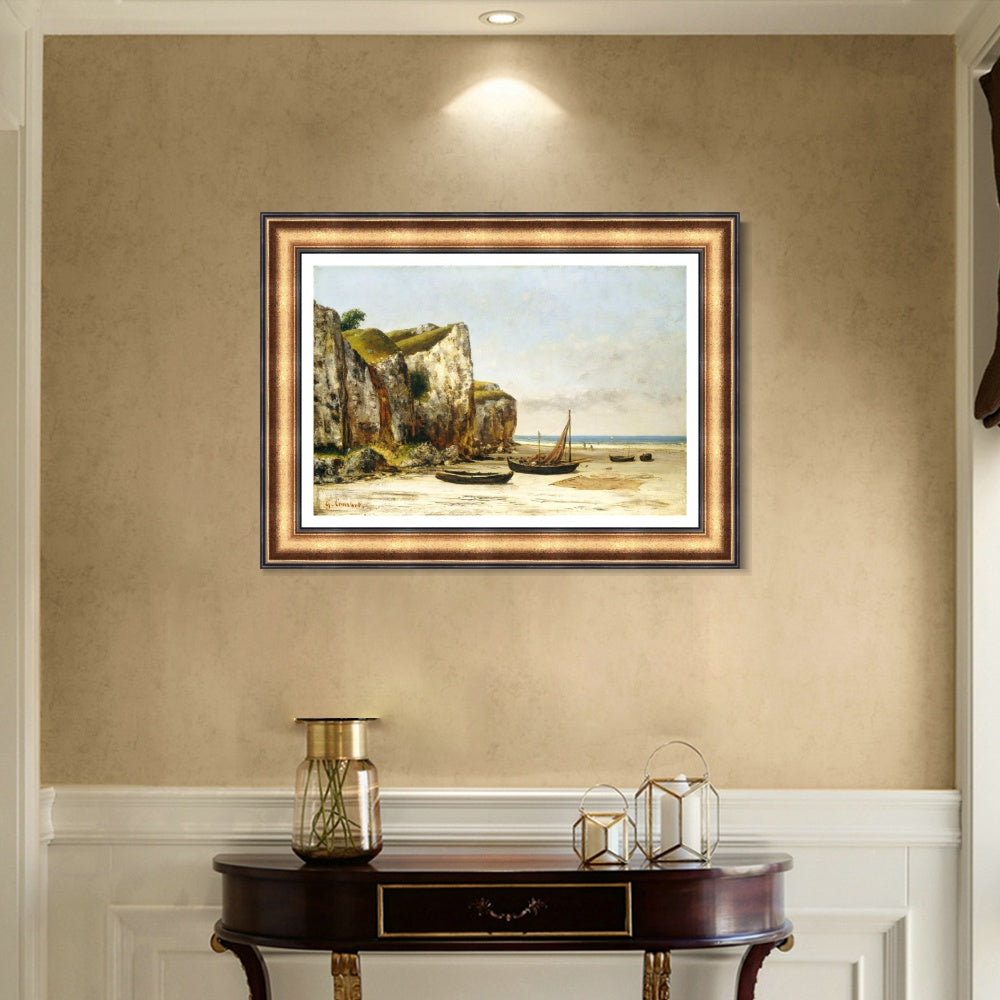 INVIN ART Framed Canvas Art Giclee Print Beach in Normandy by Gustave Courbet Wall Art (European Retro Golden Frame with Mat,28"x40")
