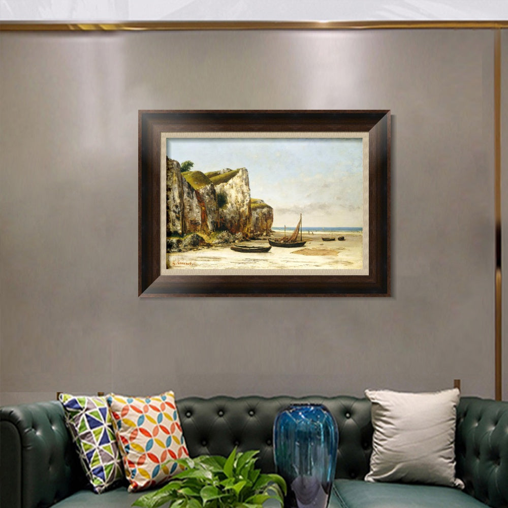 INVIN ART Framed Canvas Art Giclee Print Beach in Normandy by Gustave Courbet Wall Art (European Retro Golden Frame with Mat,28"x40")