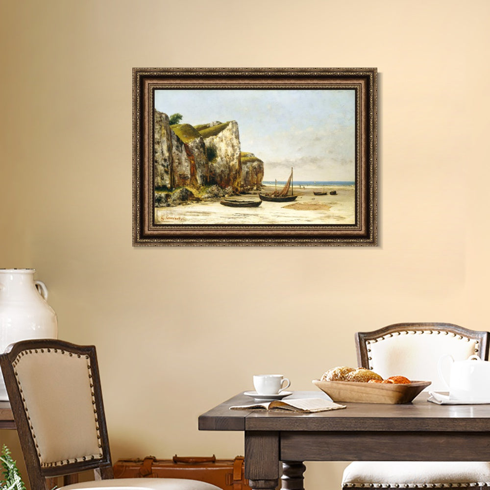 INVIN ART Framed Canvas Art Giclee Print Beach in Normandy by Gustave Courbet Wall Art (European Retro Golden Frame with Mat,28"x40")