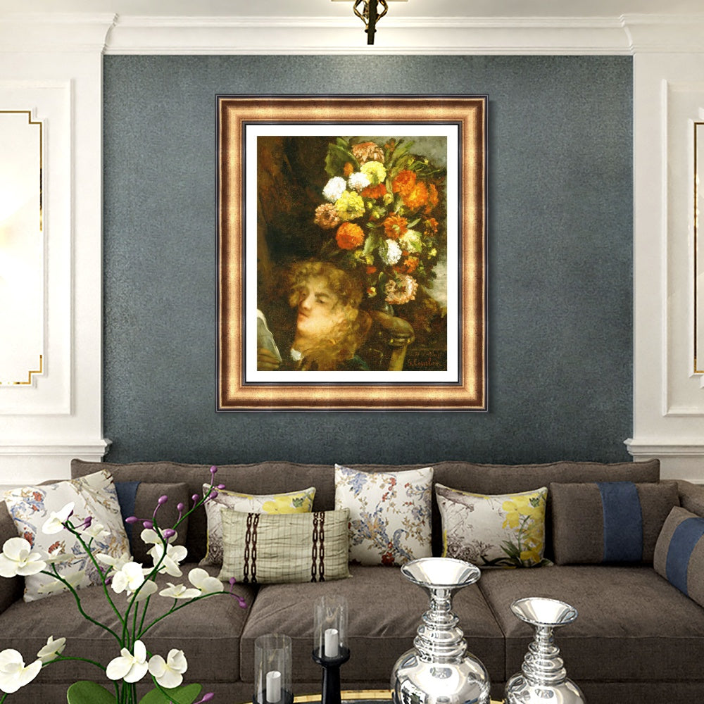 INVIN ART Framed Canvas Art Giclee Print Head of a Woman with Flowers by Gustave Courbet Wall Art