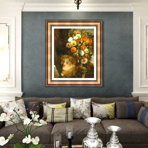 INVIN ART Framed Canvas Art Giclee Print Head of a Woman with Flowers by Gustave Courbet Wall Art Living Room Home Office Decorations