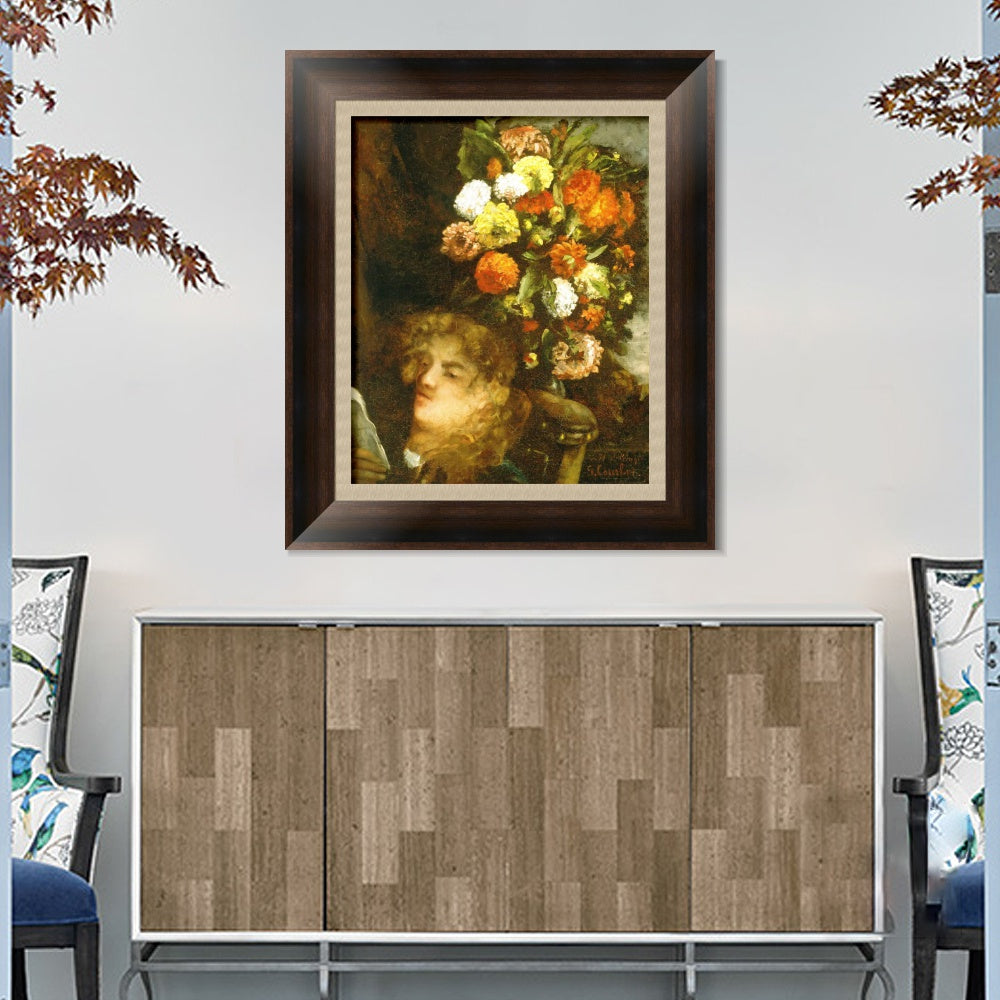INVIN ART Framed Canvas Art Giclee Print Head of a Woman with Flowers by Gustave Courbet Wall Art