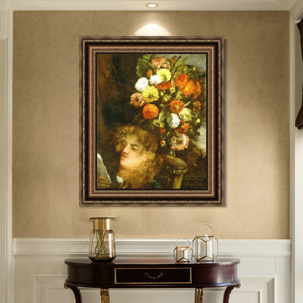 INVIN ART Framed Canvas Art Giclee Print Head of a Woman with Flowers by Gustave Courbet Wall Art