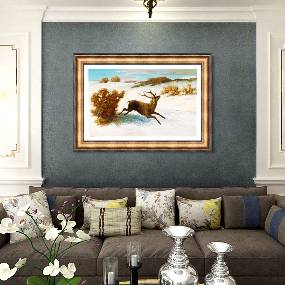 INVIN ART Framed Canvas Art Giclee Print The deer running in the snow by Gustave Courbet Wall Art