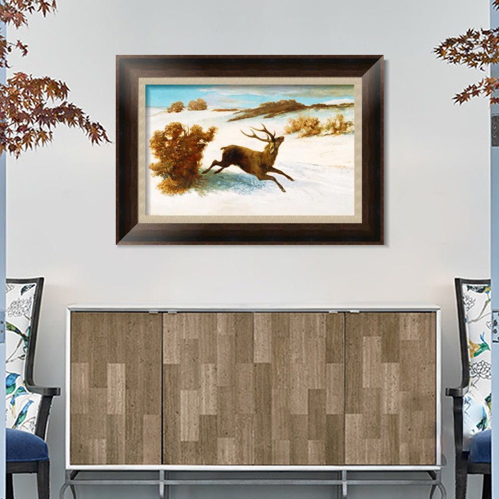 INVIN ART Framed Canvas Art Giclee Print The deer running in the snow by Gustave Courbet Wall Art