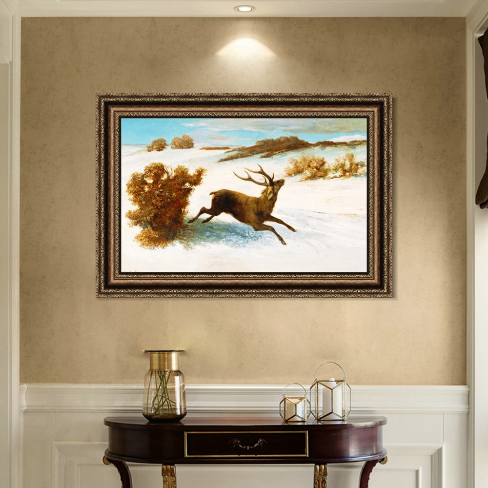 INVIN ART Framed Canvas Art Giclee Print The deer running in the snow by Gustave Courbet Wall Art