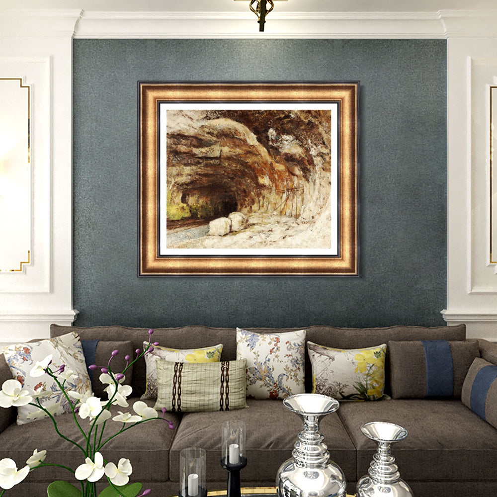 INVIN ART Framed Canvas Art Giclee Print Grotto of Sarrazine near Nans sous Sainte Anne by Gustave Courbet Wall Art (Vintage Embossed Gold frame,24"x24")