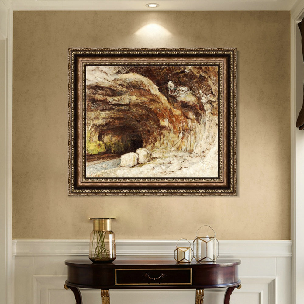 INVIN ART Framed Canvas Art Giclee Print Grotto of Sarrazine near Nans sous Sainte Anne by Gustave Courbet Wall Art (Vintage Embossed Gold frame,24"x24")