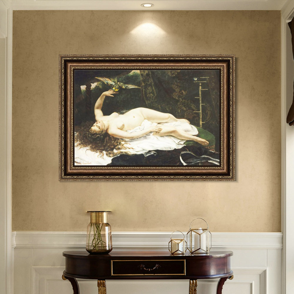 INVIN ART Framed Canvas Art Giclee Print Donna con pappagallo (1866) by Gustave Courbet Wall Art