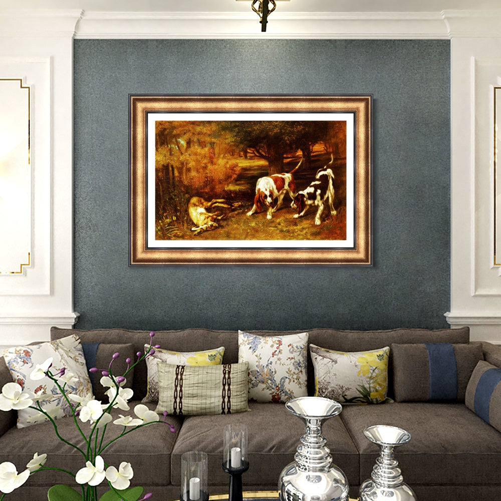 INVIN ART Framed Canvas Art Giclee Print Hunting Dogs by Gustave Courbet Wall Art