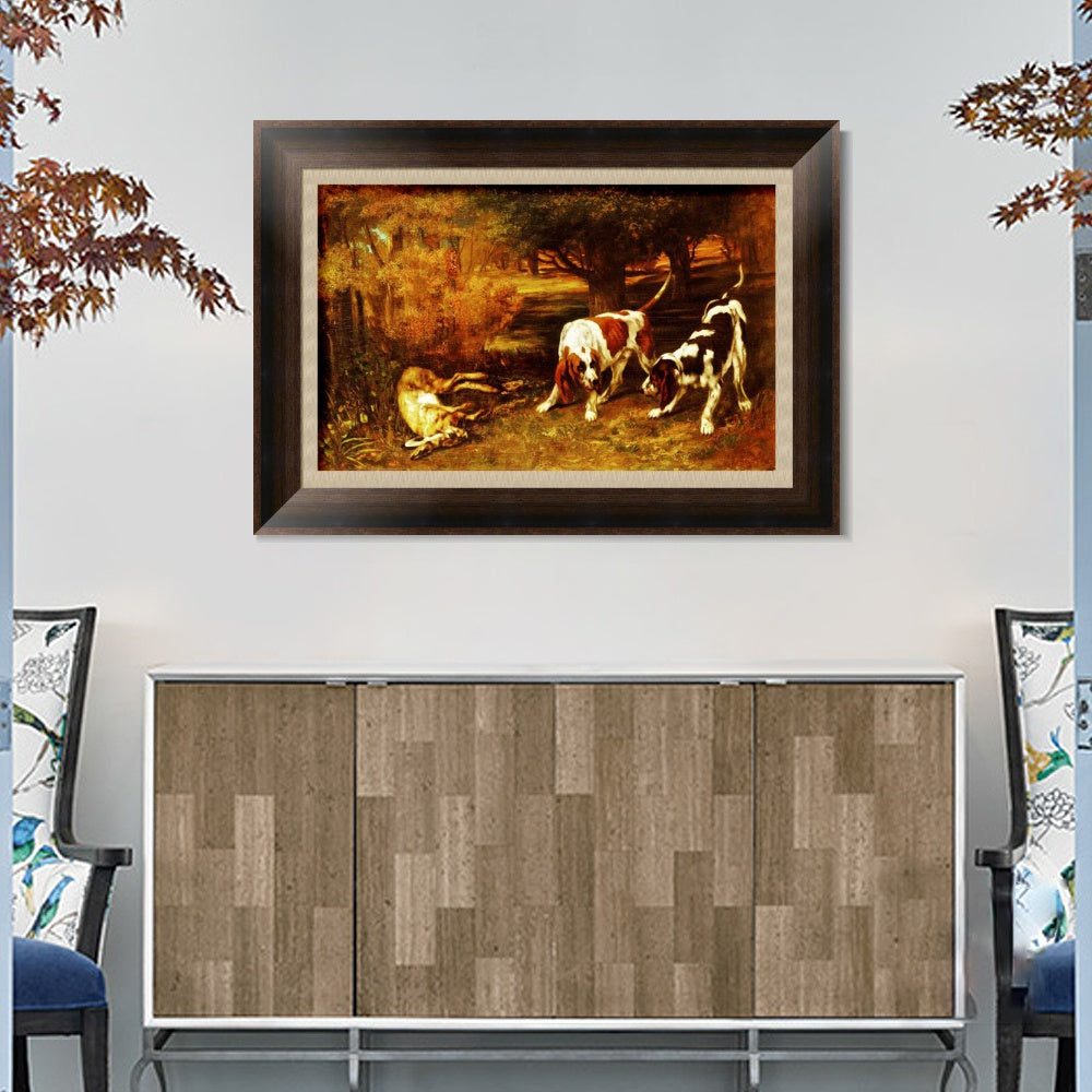 INVIN ART Framed Canvas Art Giclee Print Hunting Dogs by Gustave Courbet Wall Art