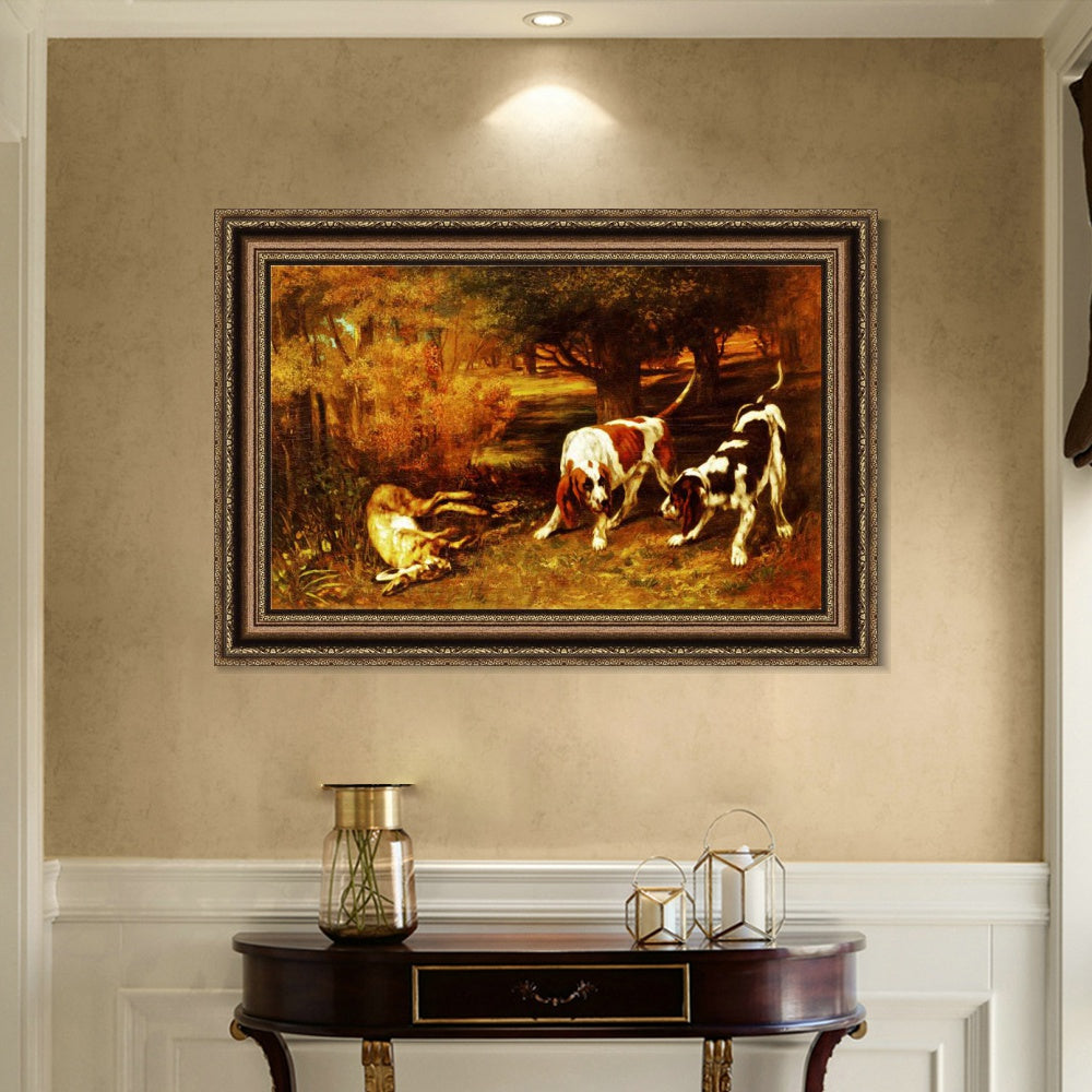 INVIN ART Framed Canvas Art Giclee Print Hunting Dogs by Gustave Courbet Wall Art