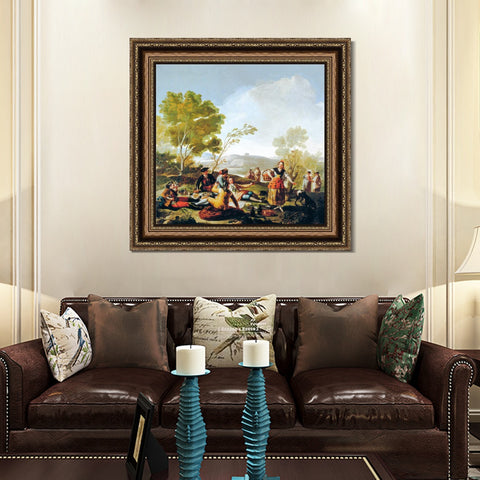 INVIN ART Framed Canvas Art Giclee Print La merienda a orilla del Manzanares by Francisco De Goya Wall Art Living Room Home Office Decorations