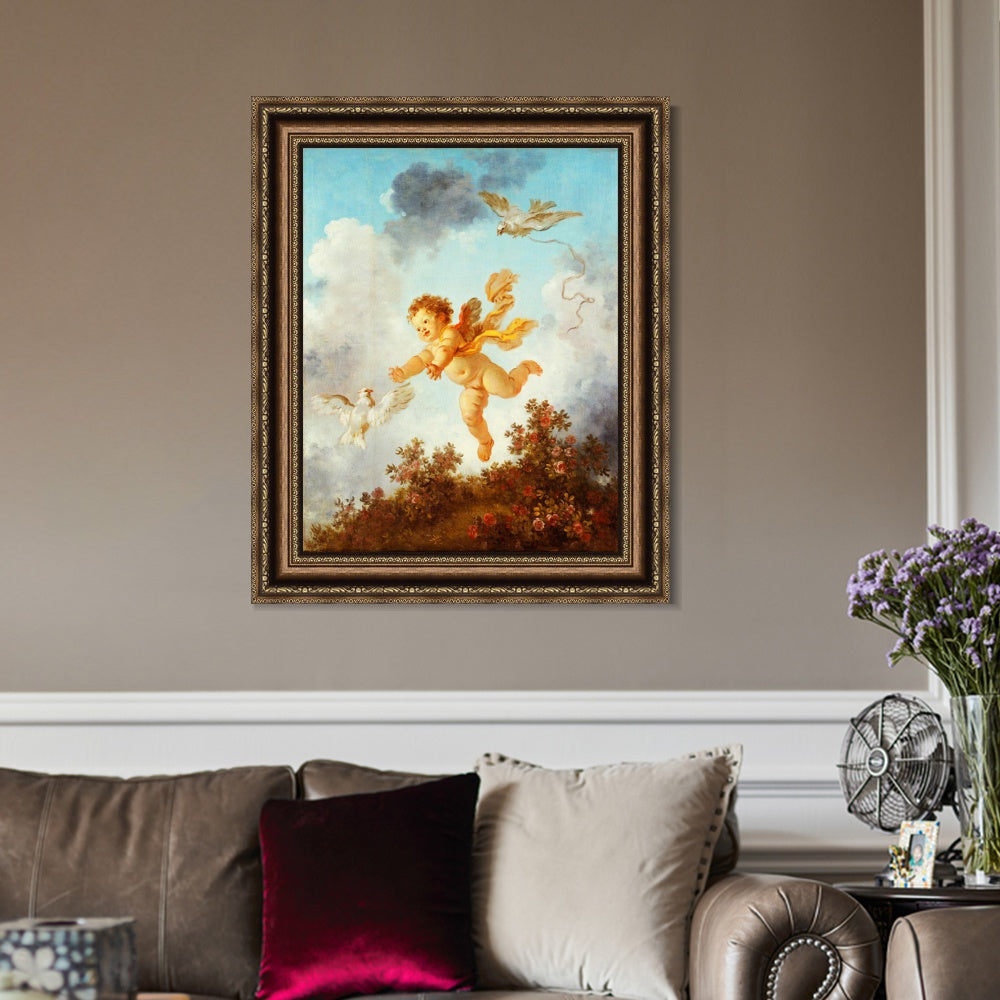 INVIN ART Framed Canvas Art Giclee Print Love Pursuing a Dove, 1790 by Jean Honore Fragonard Wall Art Living Room Home Office Decorations