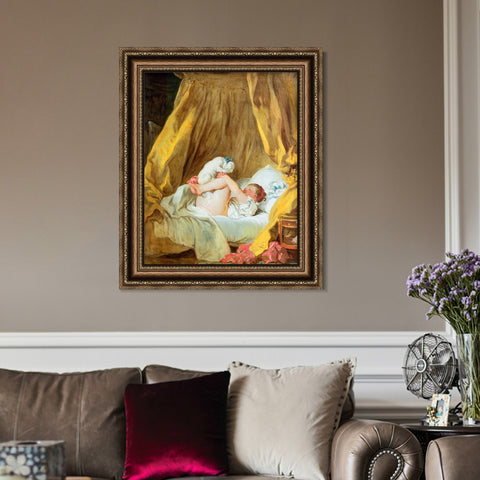 INVIN ART Framed Canvas Art Giclee Print Young girl and her dog by Jean Honore Fragonard Wall Art Living Room Home Office Decorations