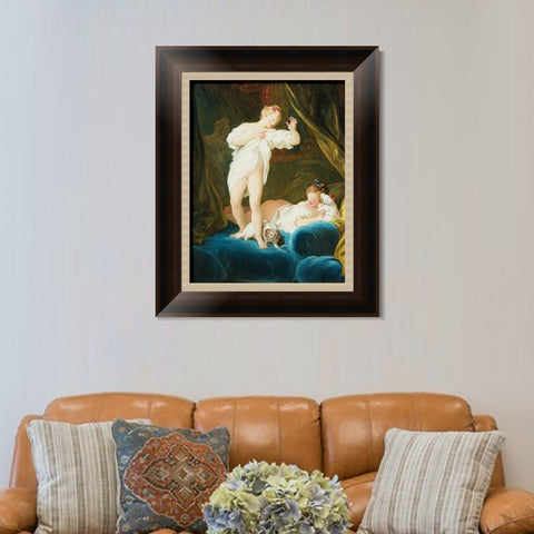 INVIN ART Framed Canvas Art Giclee Print TWO GIRLS ON A BED PLAYING WITH THEIR DOGS by Jean Honore Fragonard Wall Art Living Room Home Office Decorations