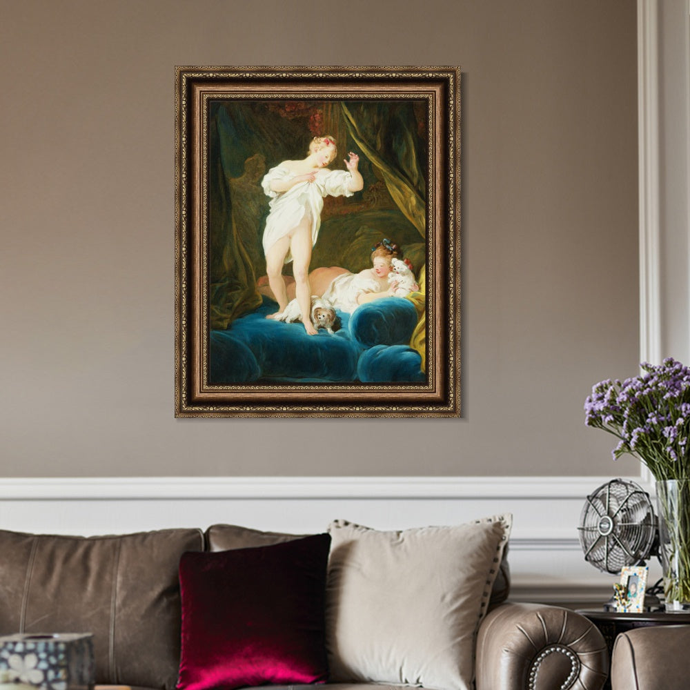 INVIN ART Framed Canvas Art Giclee Print TWO GIRLS ON A BED PLAYING WITH THEIR DOGS by Jean Honore Fragonard Wall Art Living Room Home Office Decorations