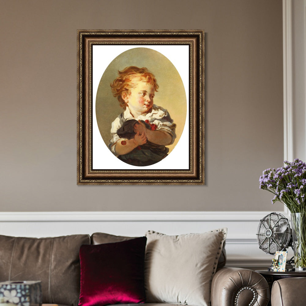 INVIN ART Framed Canvas Art Giclee Print YOUNG BOY HOLDING CHERRIES by Jean Honore Fragonard Wall Art Living Room Home Office Decorations