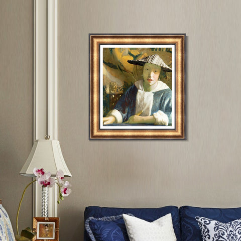 INVIN ART Framed Canvas Art Giclee Print Young Girl with a Flute by Johannes Vermeer Wall Art Living Room Home Office Decorations