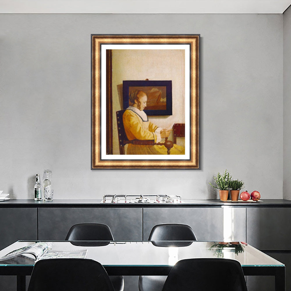 INVIN ART Framed Canvas Art Giclee Print A Young Woman Reading by Johannes Vermeer Wall Art Living Room Home Office Decorations
