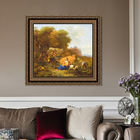 INVIN ART Framed Canvas Art Giclee Print A Peasant playing a Hurdy-Gurdy to a Woman and Child by Nicolas Poussin