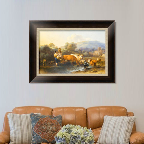 INVIN ART Framed Canvas Art Giclee Print Peasants with Cattle fording a Stream by Nicolas Poussin Wall Art Living Room Home Office Decorations